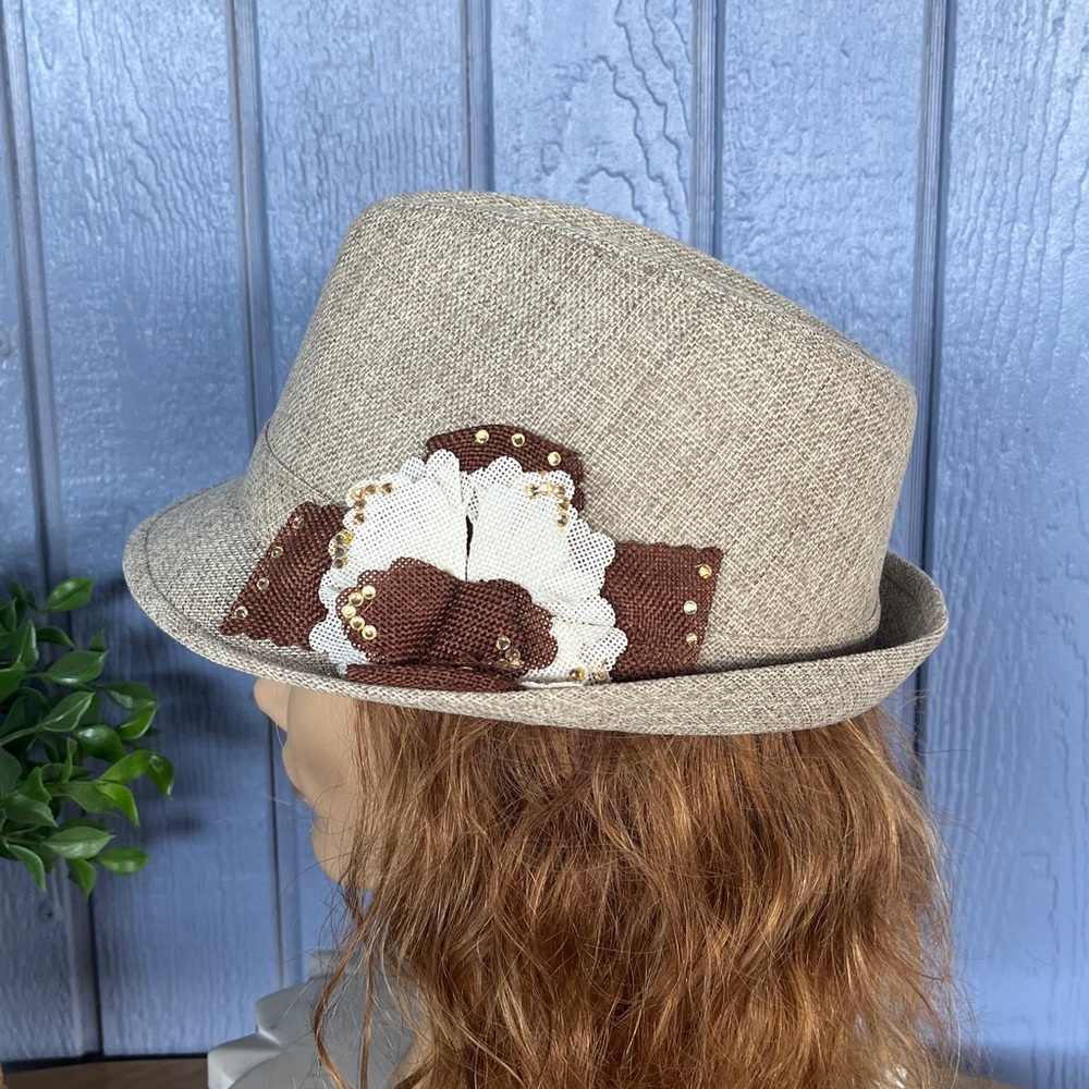 PUGS Stylish Tan Hat with Brown and White Floral Accent - Picture 9 of 11